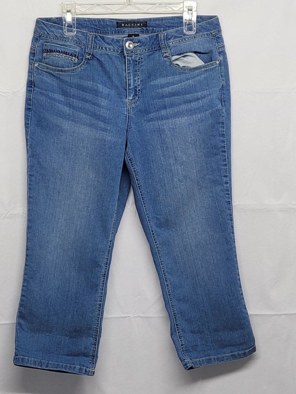 Baccini Womens Capri Jeans Size 10 Stretch Rhinestones Embroidered Pockets